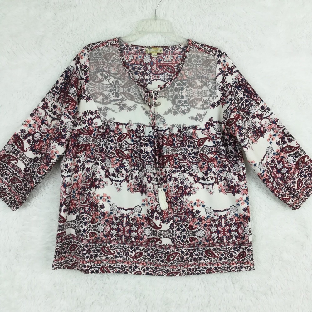Tanzara Womens Blouse Paisley Print Mesh Overlay White 3/4 Sleeve Tie Neck L